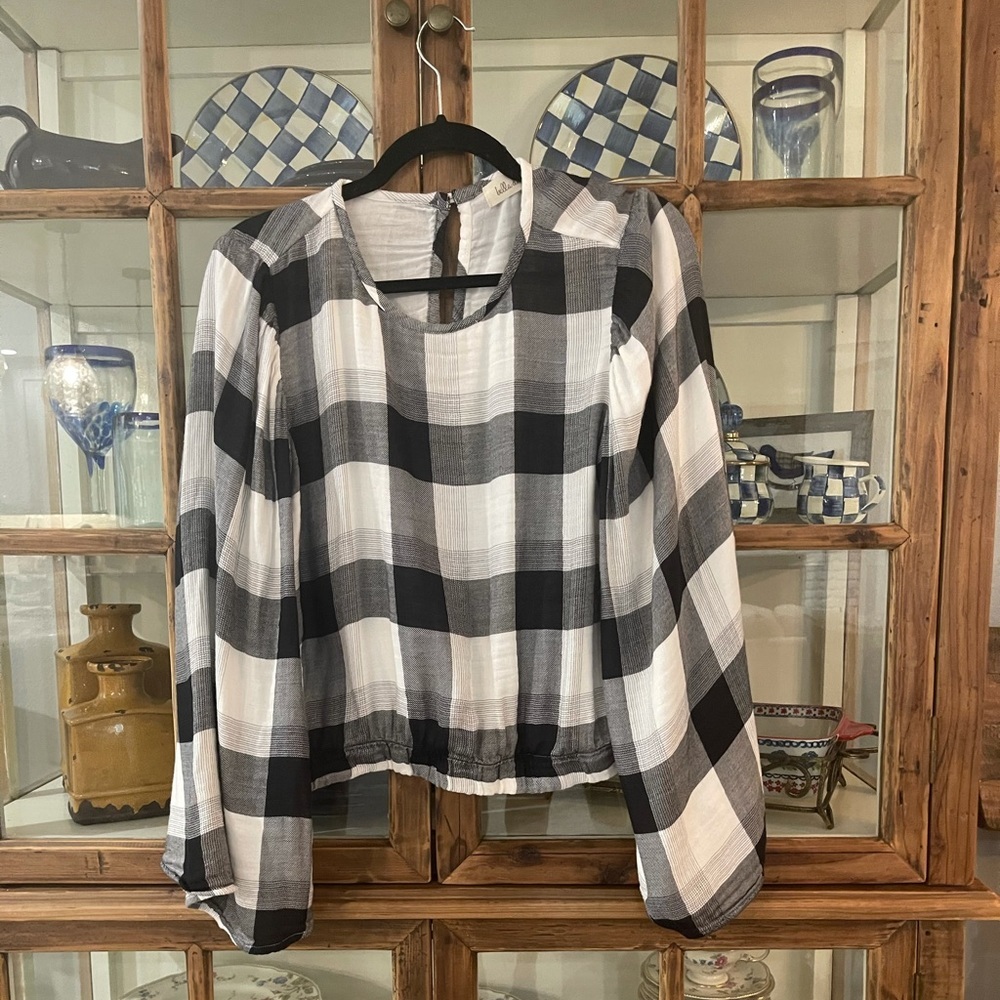 Bella Dahl Anthropologie Black White Plaid Wide Sleeve Top Women’s L